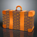 Brown Patterned Suitcase With Orange Trim And Handle For Daily Use